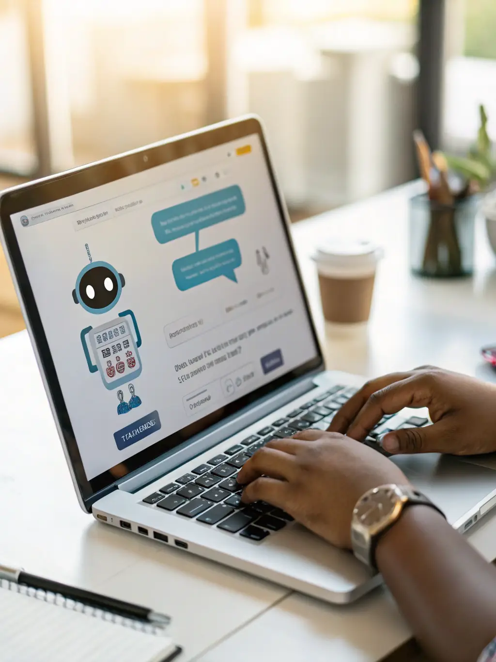 A professional workspace setup with a single computer displaying a chatbot interface, symbolizing the Basic Plan's single chatbot integration.
