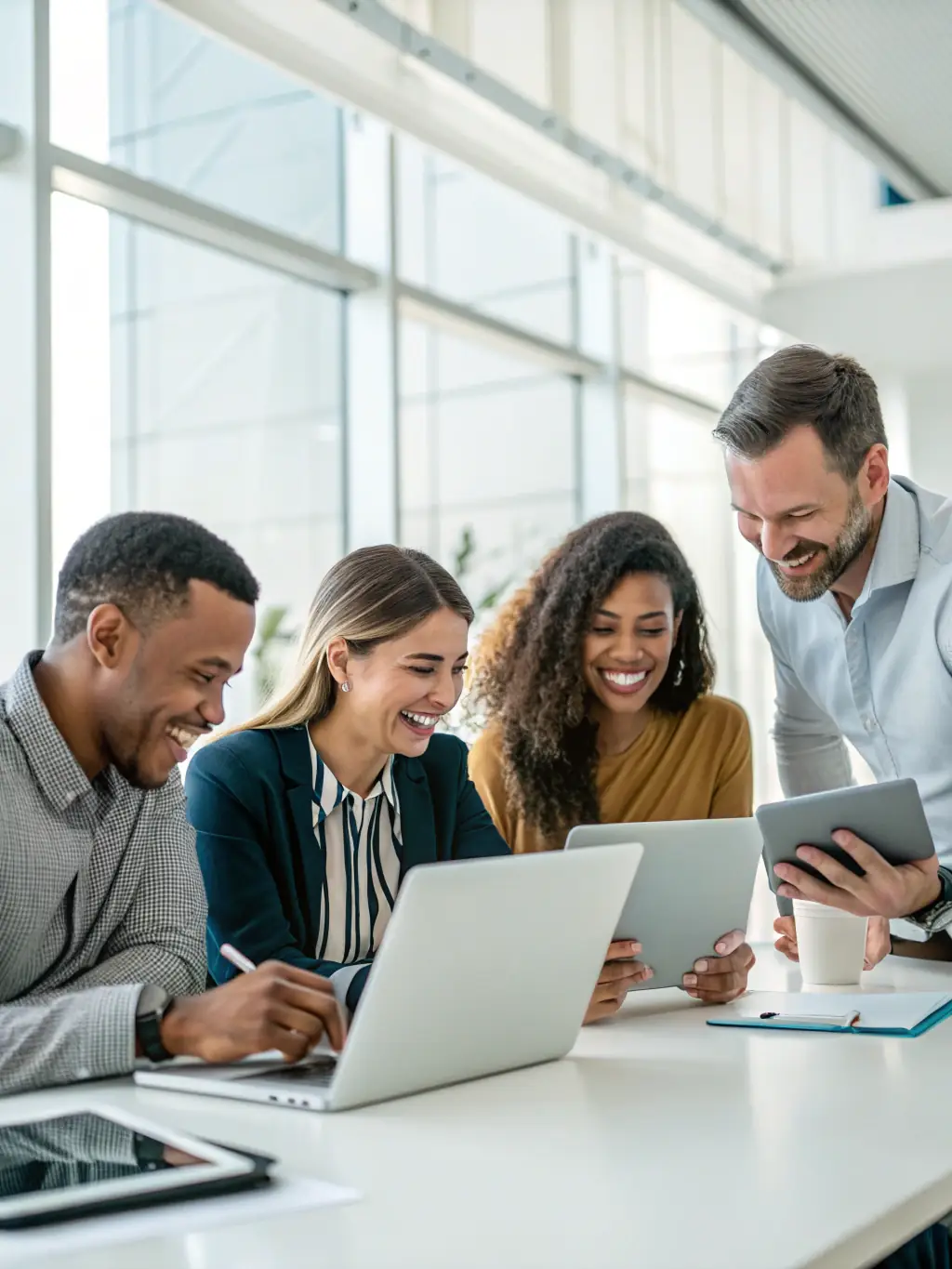 A diverse group of customer service representatives using various devices to interact with a chatbot, showcasing the versatility of IntraAI's plans.
