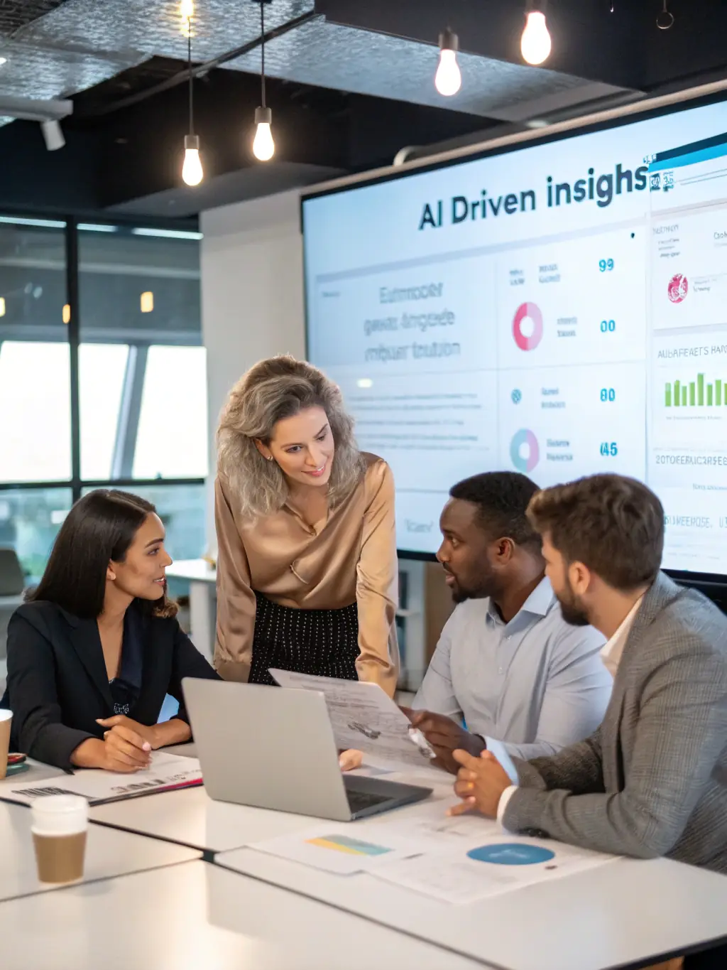 A team collaborating around multiple screens showing different chatbot interfaces, representing the Pro Plan's multiple chatbot feature.