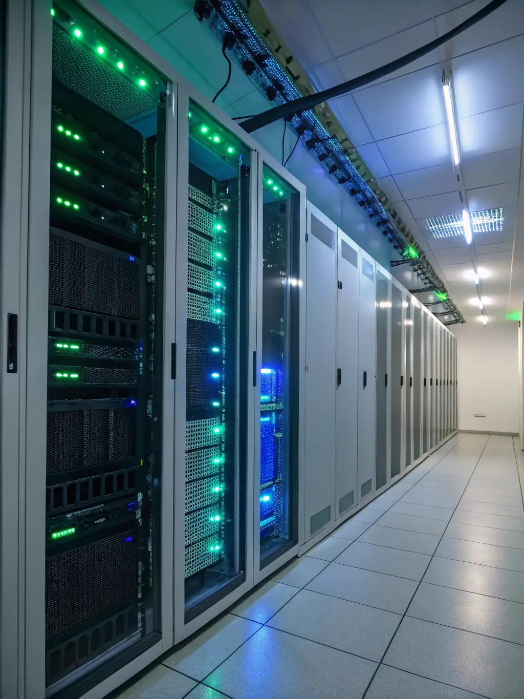 A secure server room with glowing lights and data streams, symbolizing the Enterprise Plan's advanced security and custom integrations.