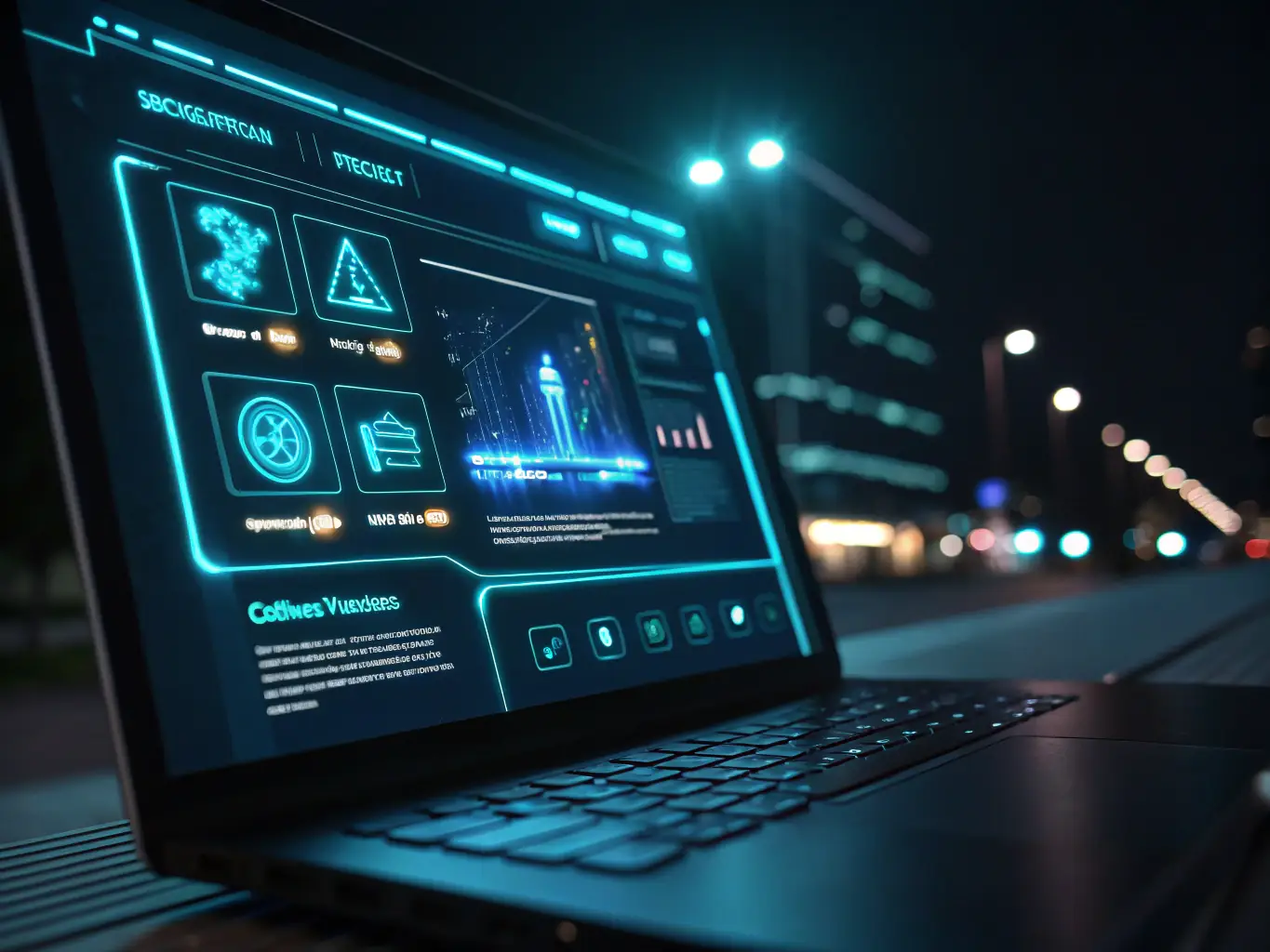 A futuristic web design concept featuring a sleek, dark interface with neon blue and purple accents, showcasing a website layout with smooth animations and a minimalist design, embodying a technological and AI-driven aesthetic.