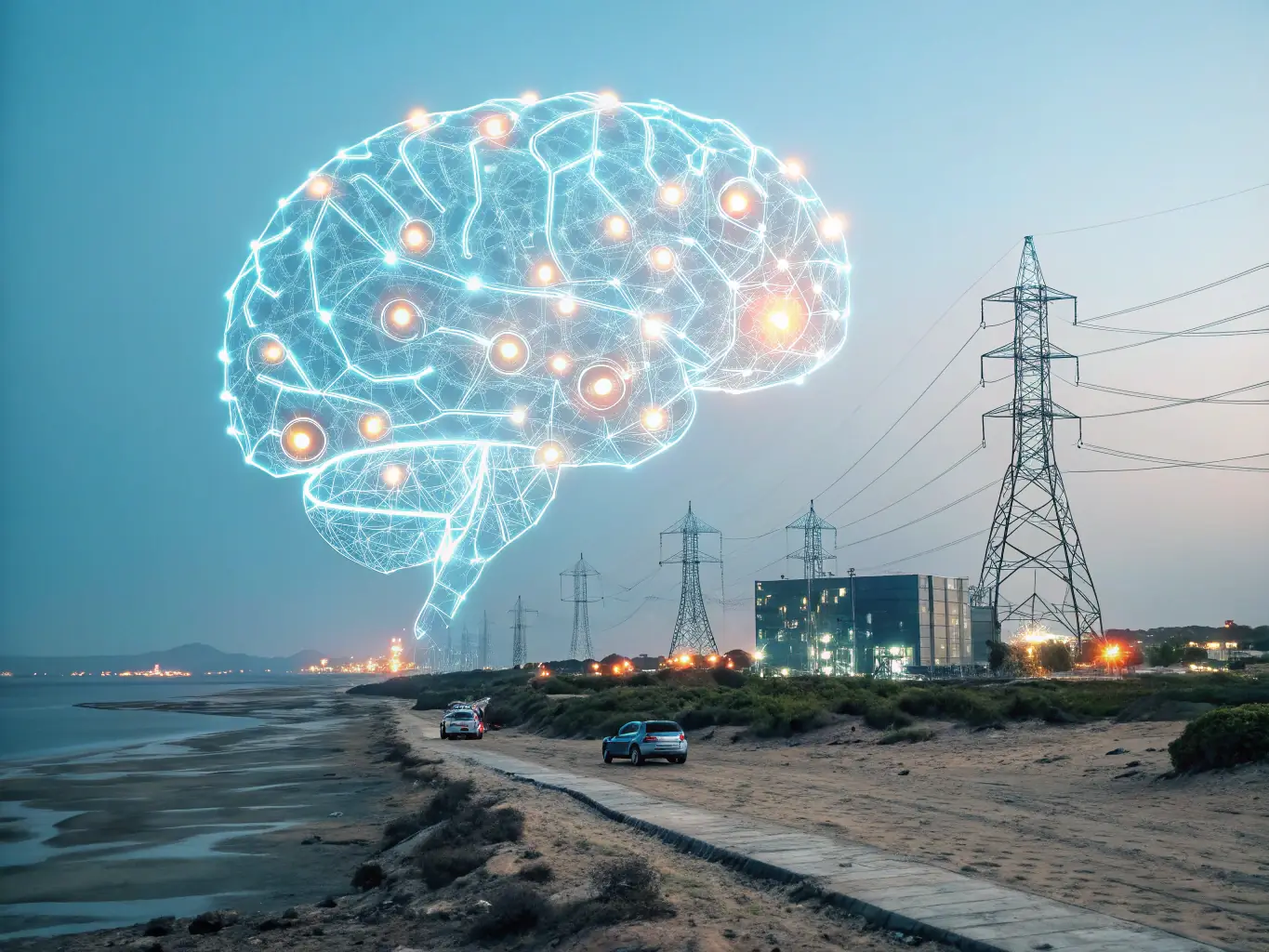 An AI integration concept featuring a digital brain graphic with interconnected nodes, representing intelligent solutions for business, set against a dark, high-tech background with glowing lines and data streams.